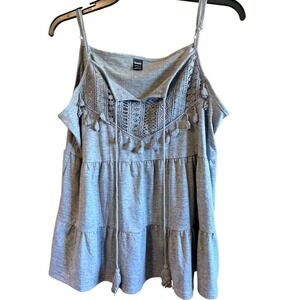 Seasty Gray LargeTiered Tank Top Boho Crochet Tassels Adjustable Straps